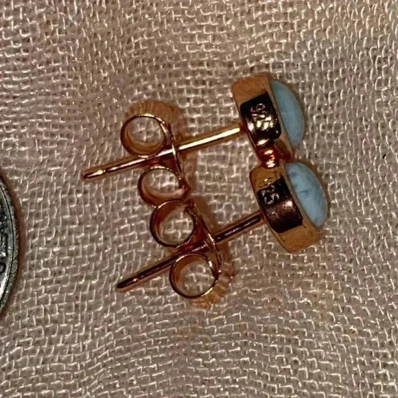 Natural Larimar gemstone set in rose gold plated sterling silver stud earrings - Picture 8 of 12